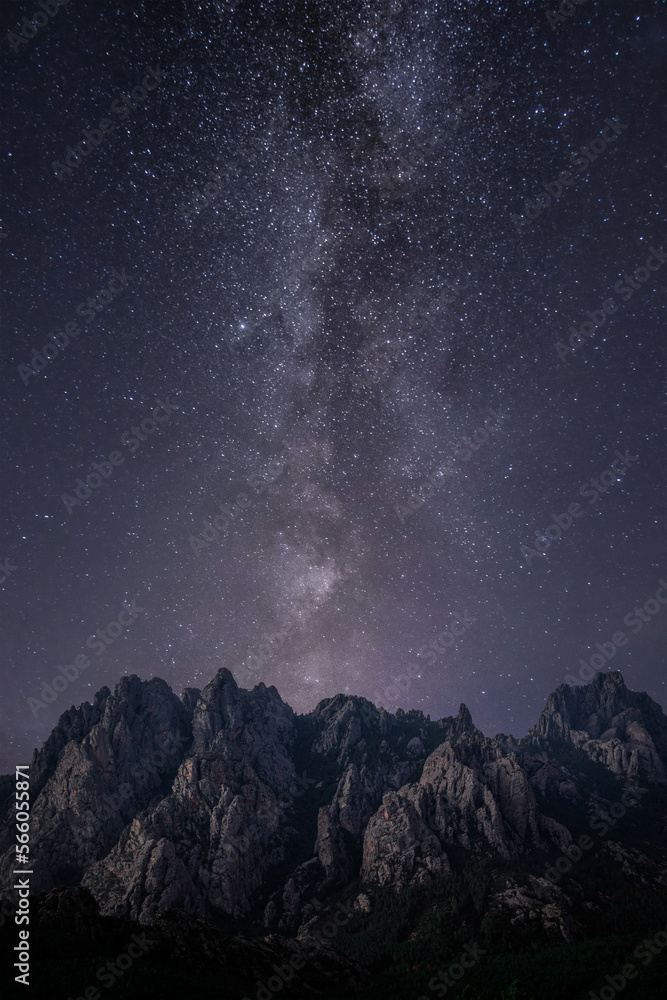 Starry Night on Corsica France: Majestic Col de Bavella Mountains with Milky Way.