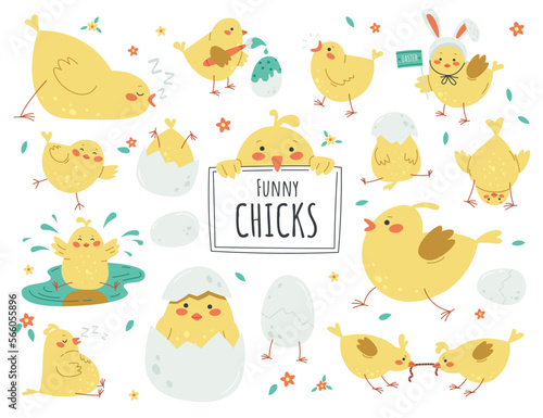 Funny chicks flat icons set. Cheerful easter childish chicken. Painting eggs  dancing and playing on puddle. Cute bird