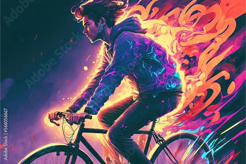 young man riding a bicycle with a colorful energy  digital art style  illustration - AI Generated