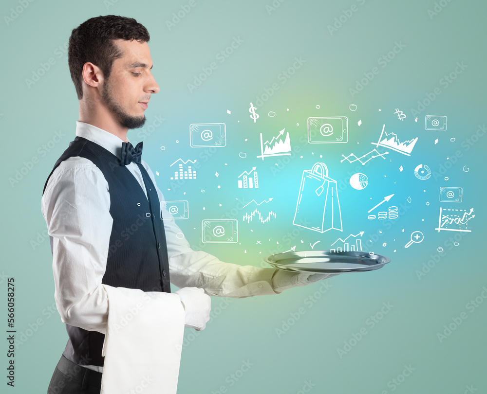 Handsome young waiter in tuxedo holding money icons on tray Handsome young waiter in tuxedo holding money icons on tray