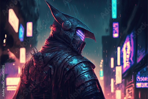 graphic artwork in the style of digital art depicting a warrior from the future standing atop a building in a cyberpunk metropolis on a rainy night. - AI Generated © Artistic Alternates