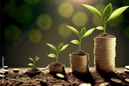 Money growth on the ground. Green leaves emerging from a green economy. Green business concept and finance success. Renewable energy and alternative fuels. Future for the climate change. Generative AI photo