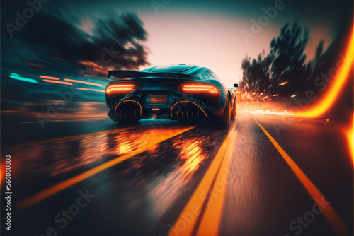 Futuristic generic concept sport car speeding on the city road, generative ai,.