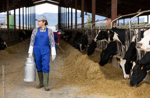 Dairy farmer man carrying aluminum can of milk in cowshed