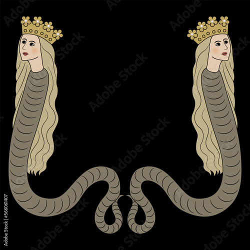Symmetrical design with two fantastic female snakes in royal crowns. Medieval illuminated manuscript motif. Mythological creature. Lilith or Lamia. On black background.