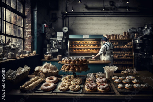 Bakery interior background. Bakery shop. Pastry shop. Generative AI.