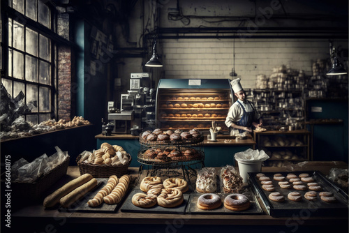 Bakery interior background. Bakery shop. Pastry shop. Generative AI.
