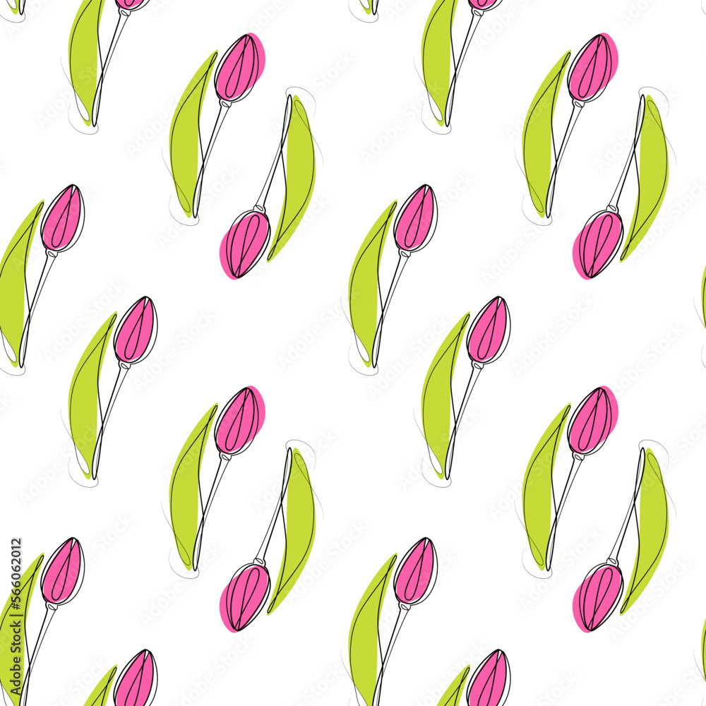 Endless pattern of Outline drawing of a tulip flower in one line with color spot in trendy shades Endless pattern of Outline drawing of a tulip flower in one line with color spot in trendy shades