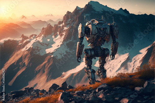 robot of the future hiking in mountains, generative ai.