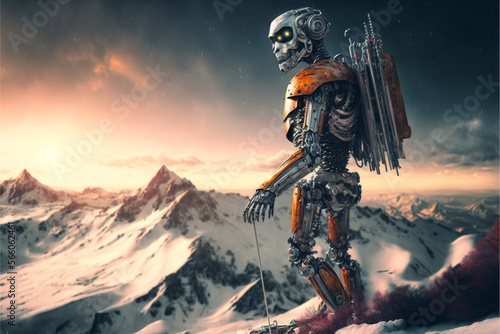 robot of the future hiking in the snowy mountains, generative ai.