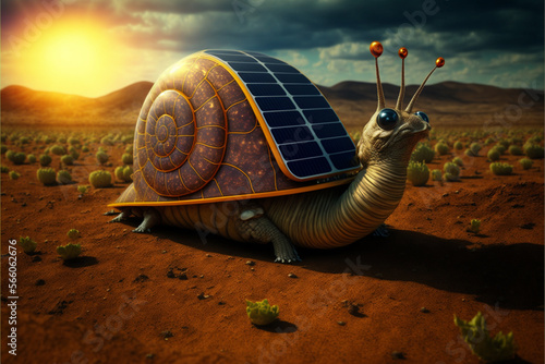snailwith photovoltaic panels in the shell, in a desert, generative ai.