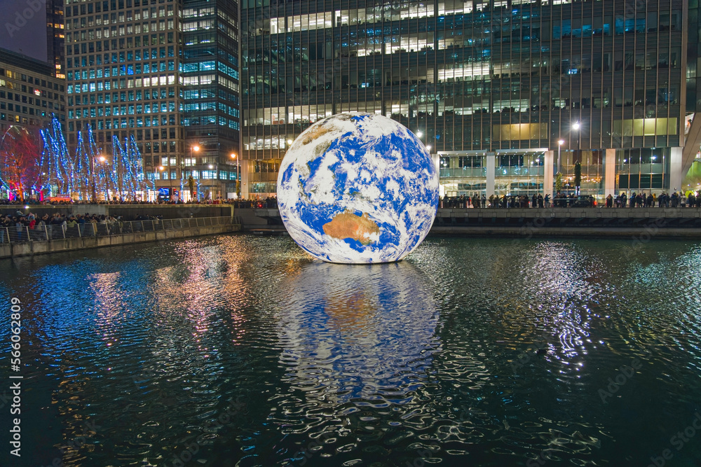 Floating Earth at the Winter Lights 2023, Canary Wharf Stock Photo