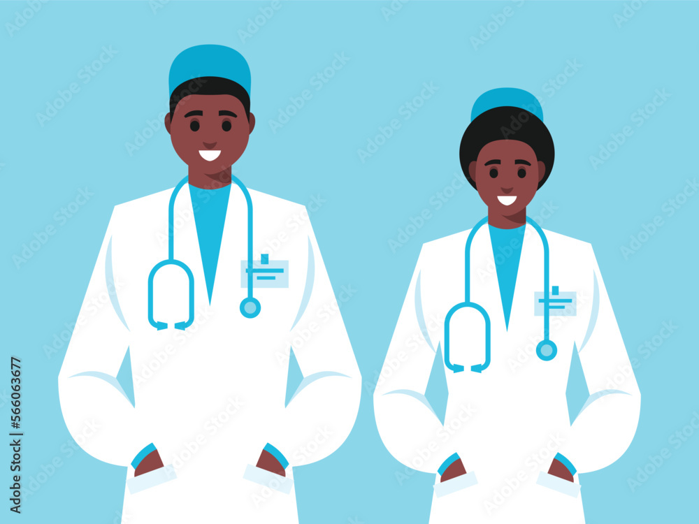 Male and female doctors on blue background. Man and woman profession characters. Vector graphics Male and female doctors on blue background. Man and woman profession characters. Vector graphics