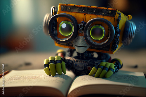 Cute robot child reading a book with a smile, cartoon style,  chat bot concept,  ChatGPT, art created by ai