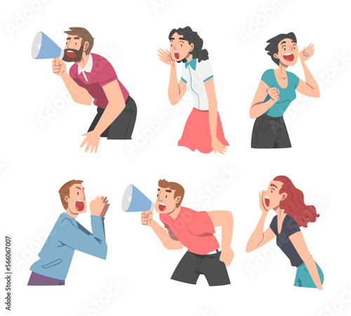Man and Woman Character with Wide Open Mouth Shouting or Screaming Loud Holding Hand Near Mouth Vector Set