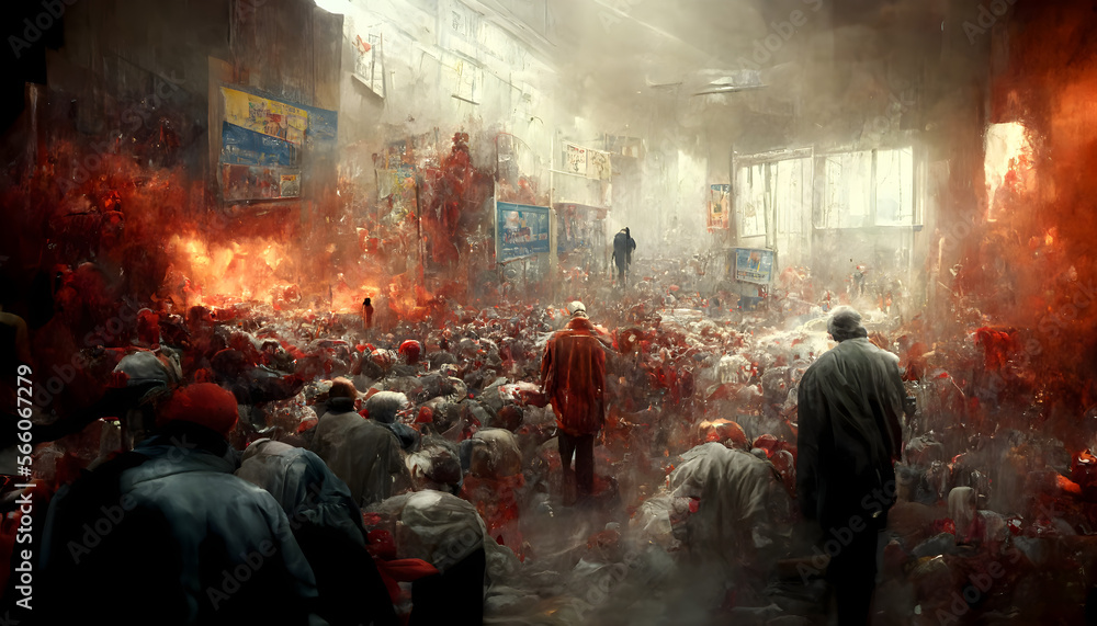 illustration of a group of realistic zombies in the midst of the apocalypse with the city destroyed illustration of a group of realistic zombies in the midst of the apocalypse with the city destroyed