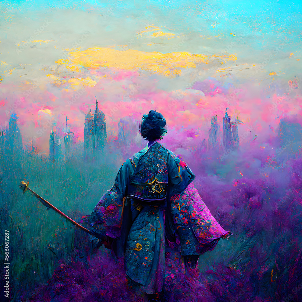 Obraz premium illustration of a samurai watching the horizon, modern watercolor design