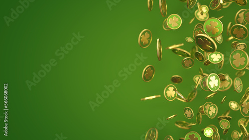 St. Patrick's Day abstract golden coins with clover on green backdrop. Shamrock leaves. Patrick day background. 3d render illustration