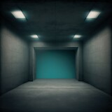 Empty Concrete Dark Private Sealed and Secure Underground Bunker  Studio with Teal Dead-End Wall and Overhead Lighting. AI.