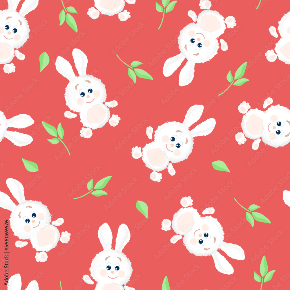 Seamless pattern Cute white fluffy bunny waving on red background with green leaves. Cartoon vector illustration for children's background.