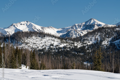 Snow Capped High Mountain Peaks are Backdrops to Wolf Creek Ski Area, Colorado. The San Juan Mountains receive generous amounts of snow, that provides great Winter recreation. 