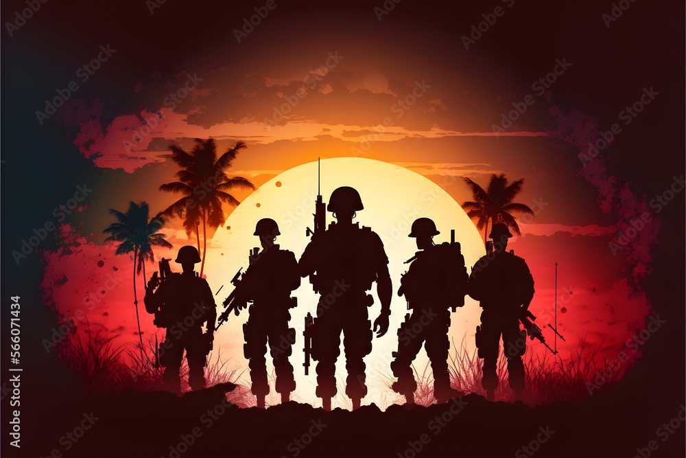 Military (Army, Marines, Navy, Air Force) Veterans. Soldiers at sunset silhouettes.