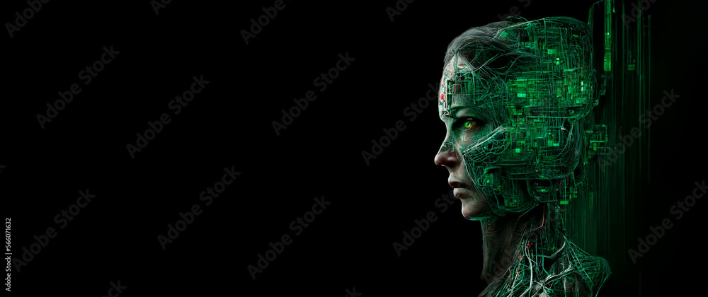 robotic woman's head with connections and virtual nodes on black background with copy space. Generated by ia - obrazy, fototapety, plakaty 