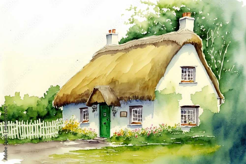 Saint Patrick's Day traditional Irish cottage with a thatched roof, watercolor, generative AI - obrazy, fototapety, plakaty 