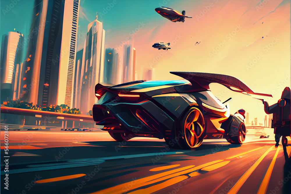 Futuristic world cityscape with flying cars cartoonish style. Flying cars traffic with futuristic cityscape background. Ai generated illustration.