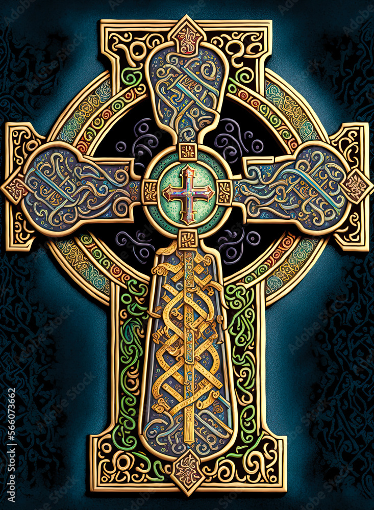 Celtic cross, illuminated manuscript style. Generative AI Stock