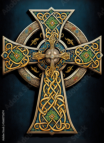 Fototapete Celtic cross, illuminated manuscript style. Generative AI