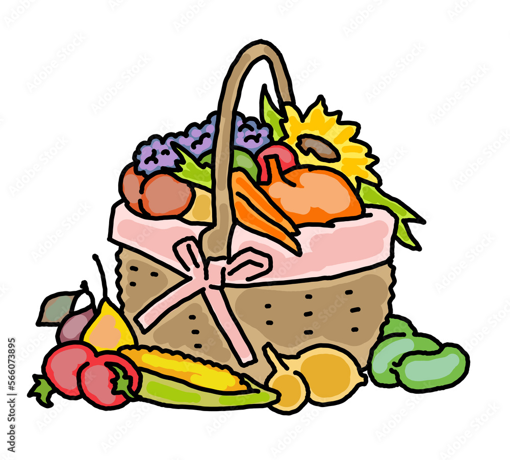 Tasty fresh fruits and vegetables in basket for healthy eating, vegan and vegetarian lifestyle. Garden harvest, market shopping, grocery store. Hand drawn illustration. Cartoon retro vintage drawing. Tasty fresh fruits and vegetables in basket for healthy eating, vegan and vegetarian lifestyle. Garden harvest, market shopping, grocery store. Hand drawn illustration. Cartoon retro vintage drawing.