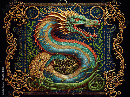 Foto Dragon, illuminated manuscript style. Generative AI