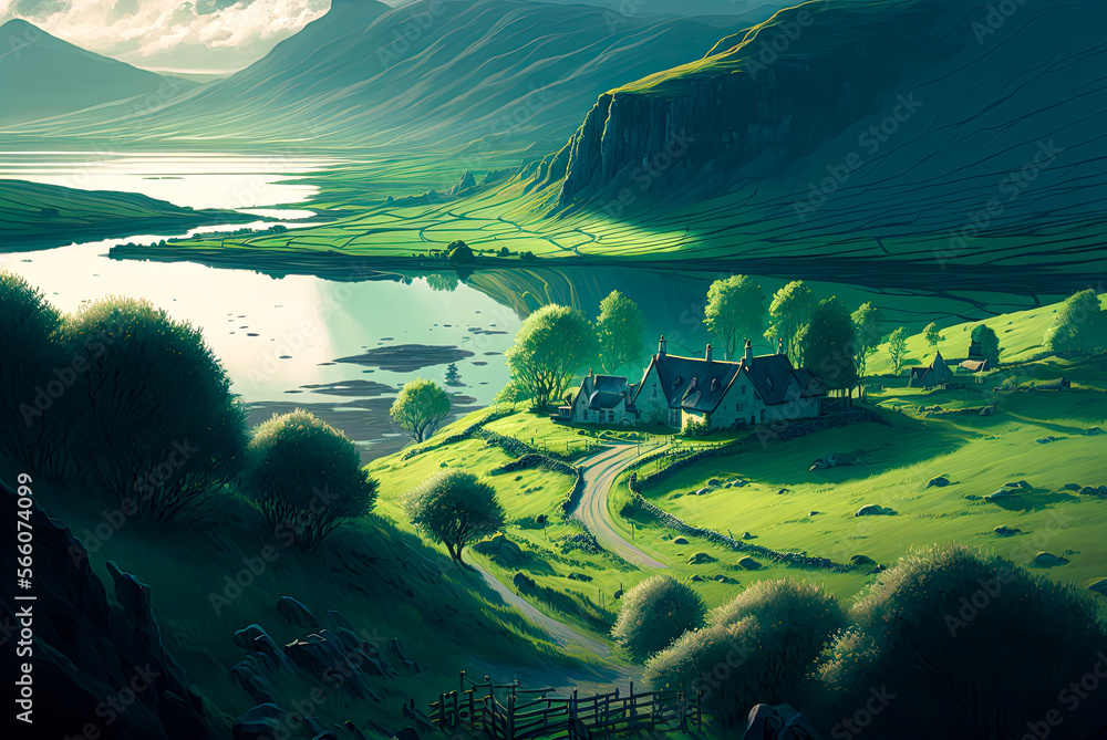 Irish landscape, farmhouse, lake. Generative AI - obrazy, fototapety, plakaty 