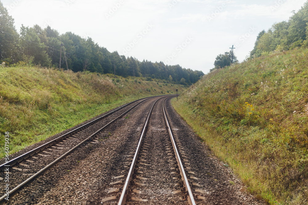 railway in natural environment, view from the driver's cab