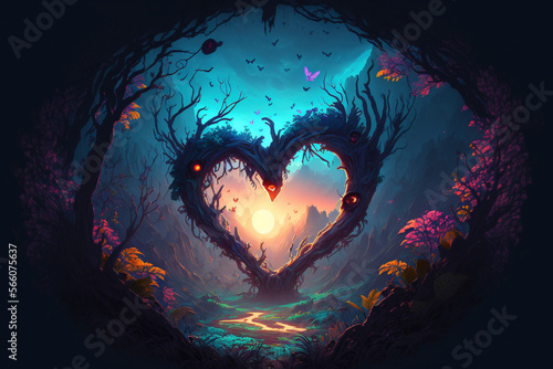Colorful fantasy heart, light beam, green forest field - Generative Ai photo