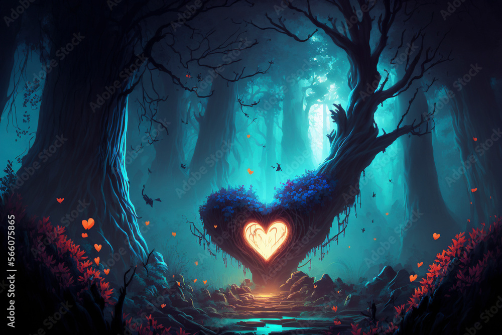 custom made wallpaper toronto digitalA green forest meadow with a colorful heart radiating light beams, magic lights - Valentine's Day - Generative Ai