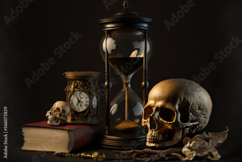 Memento Mori symbolism. Skull on desk with hour glass and clock photo