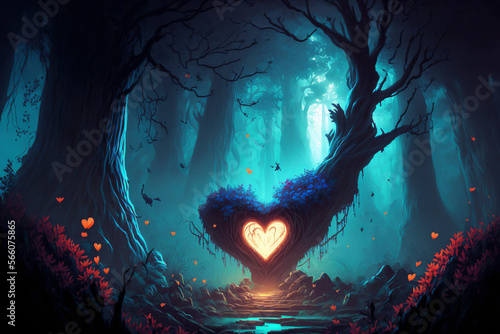 A green forest meadow with a colorful heart radiating light beams, magic lights - Valentine's Day - Generative Ai