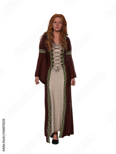 Beautiful redhead fantasy woman in medieval dress. 3D Render.