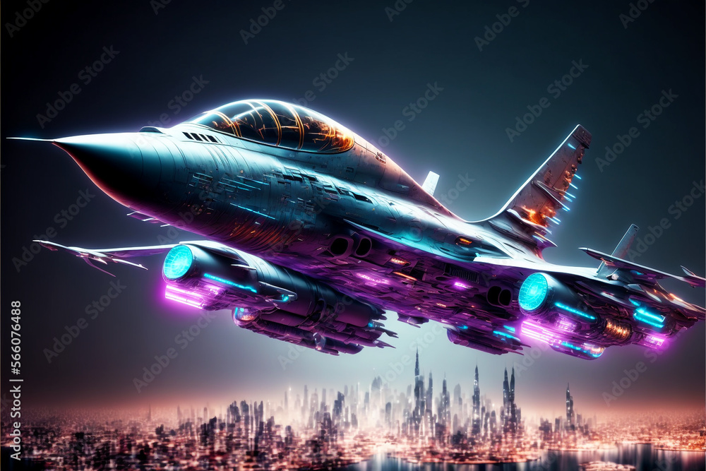 Supersonic Jet Airborne. Future Space. Neon Lights. Motion Photography. Supersonic Jet Airborne. Future Space. Neon Lights. Motion Photography.