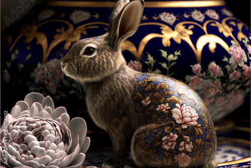 easter bunny with lotus flowers