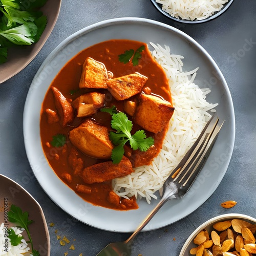 A plate of tikka masala with chicken and basmati rice3, Generative AI photo