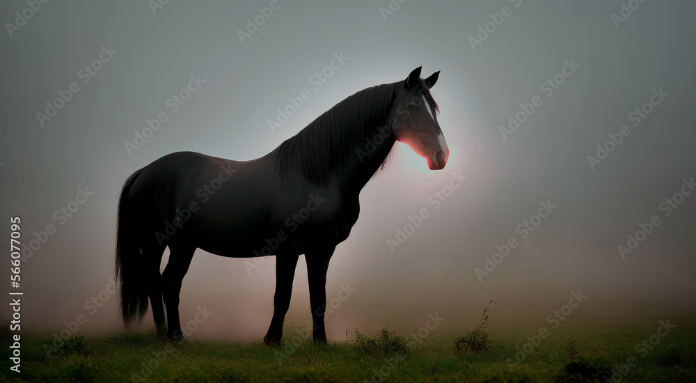 Realistic mesmerizing Illustration of beautiful brown stallion silhouetted against fog gray brown green undertone, created with Generative AI technology Realistic mesmerizing Illustration of beautiful brown stallion silhouetted against fog gray brown green undertone, created with Generative AI technology