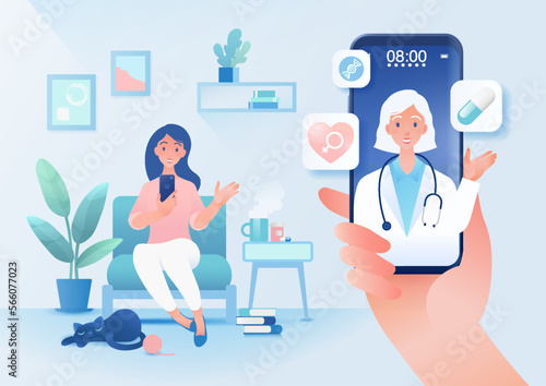 Online medical consultation with a doctor via a smartphone. Vector illustration in flat style.