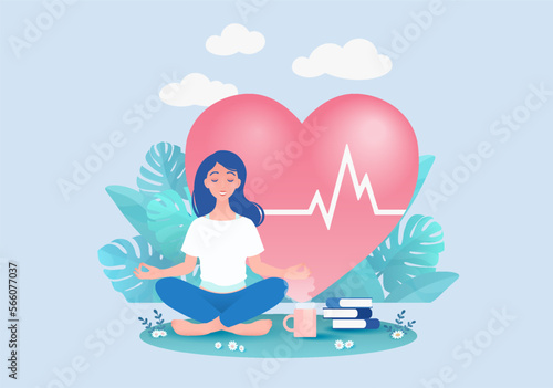 Woman meditating in lotus position with heart and cardiogram. Cartoon vector illustration