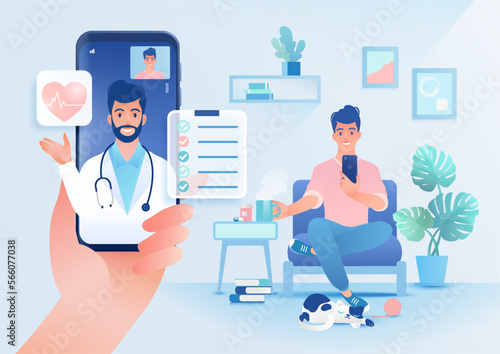 Telemedicine concept with doctor and patient via a smartphone. Vector illustration in flat style