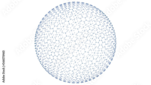 Spheres shredded into fine hexagonal atoms of clear blue under white background. Concept 3D CG of high-precision strength analysis, blockchain information technology and social human relations.