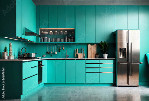 modern kitchen interior in turquoise, generative ai