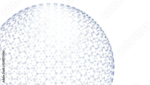 Spheres shredded into fine hexagonal atoms of clear blue under white background. Concept 3D CG of high-precision strength analysis, blockchain information technology and social human relations.